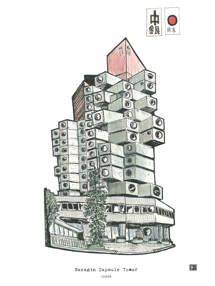 Nakagin Capsule Tower Tokyo - Japan Architectural Print - Hand-Drawn Travel Art & Japanese Decor
