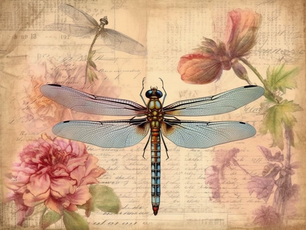 Dragonfly Botanical Vintage Illustration Pastel 4