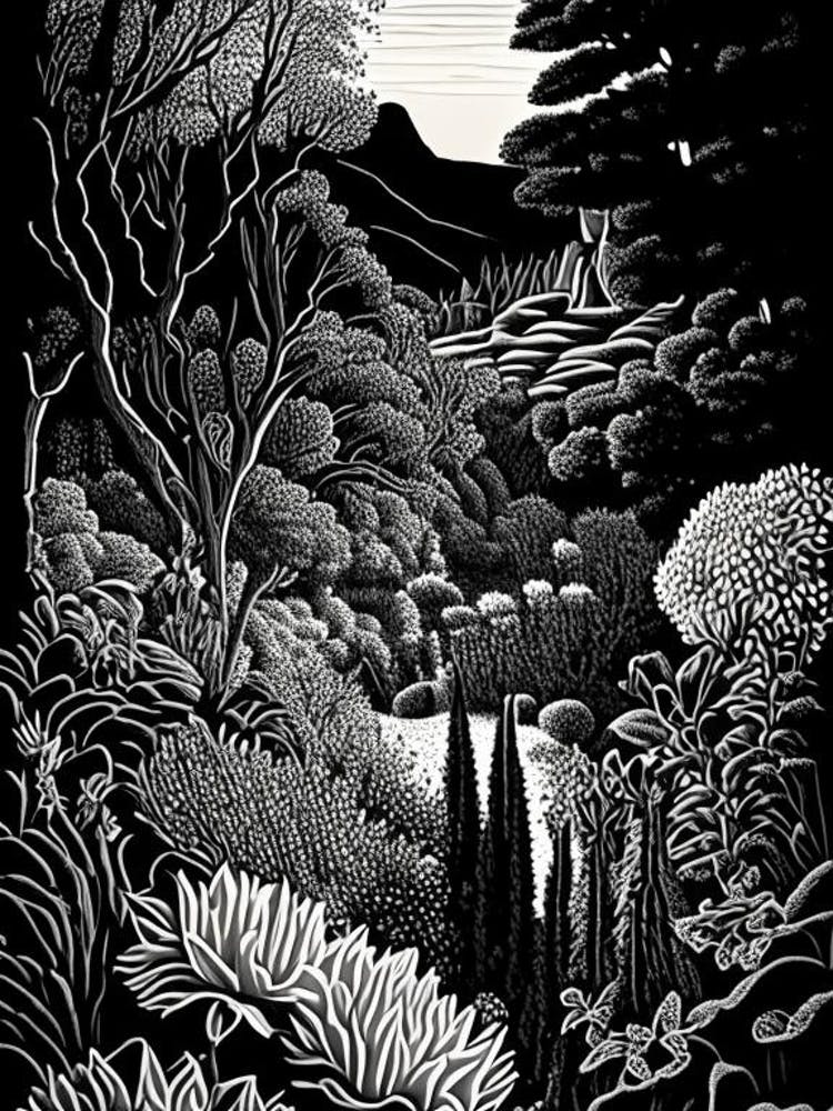 Red Butte Garden, 1, USA Linolschnitt Schwarz-Weiß Vintage