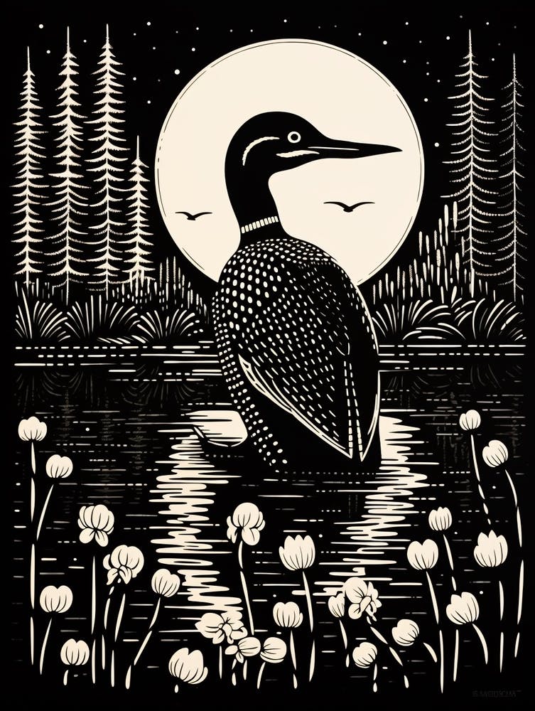 B&W Bird Linocut Common Loon 4