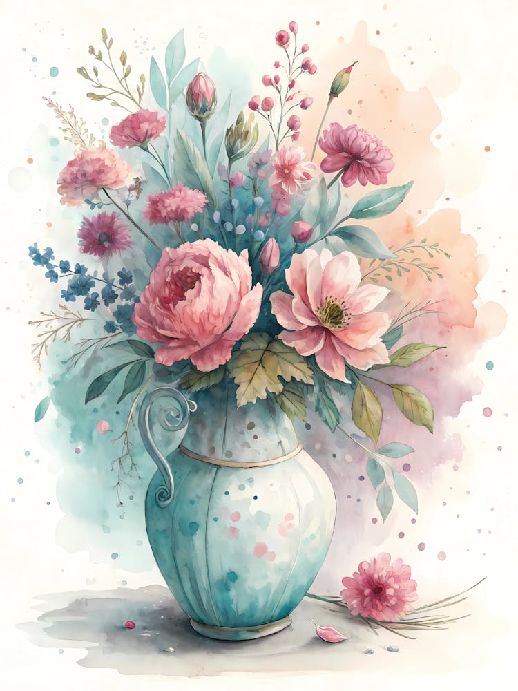 Aquarell Blumenvase Zartrosa & Blaues Bouquet
