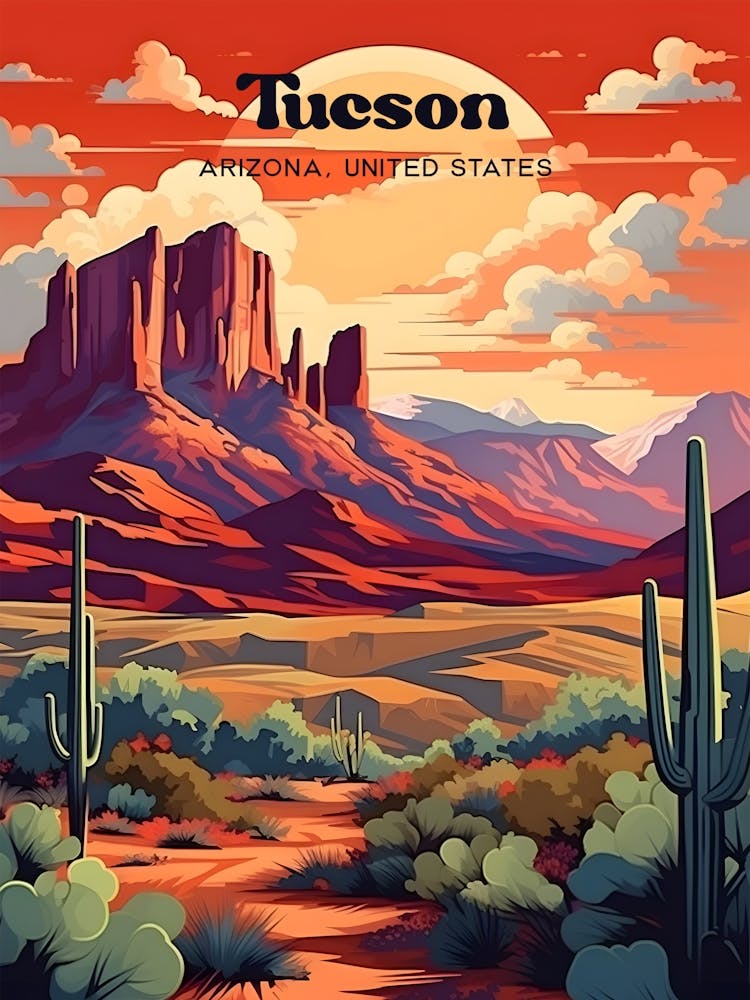 Tucson Arizona United States Sunset Travel Art Illustration