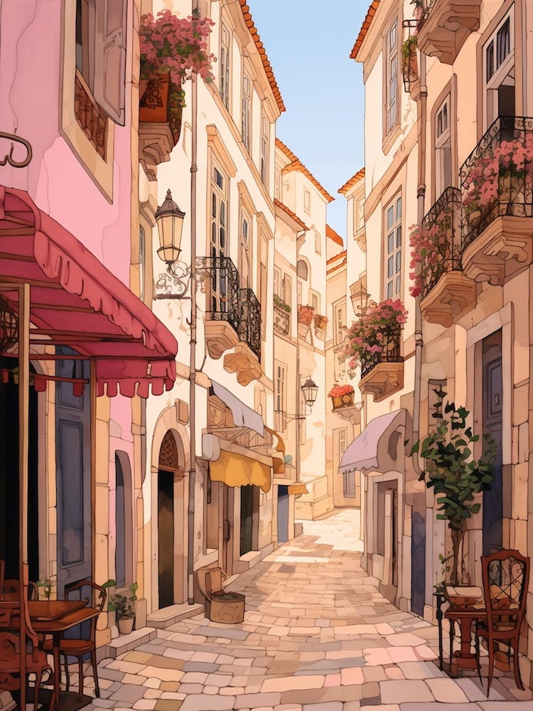 Lisbon Portugal 5 Vintage Pink Travel Illustration