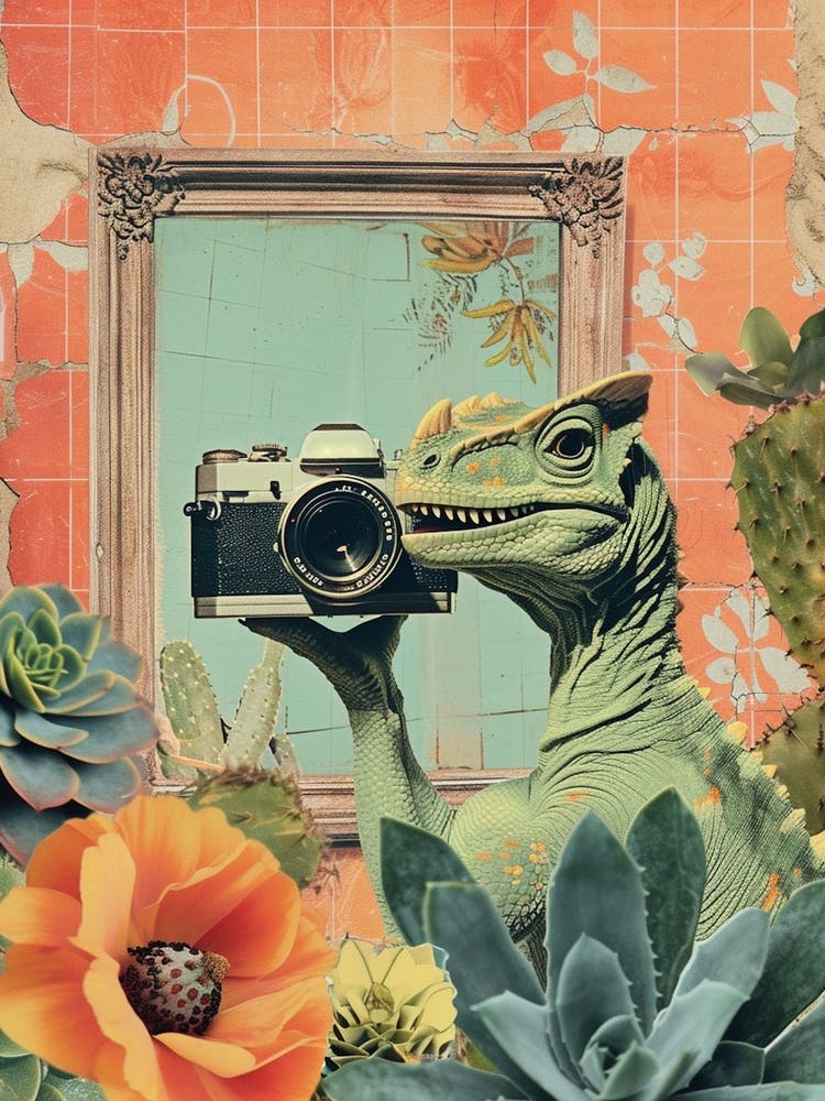 Retro Collage Dinosaur Taking A Photo On An Analogue Camera 1