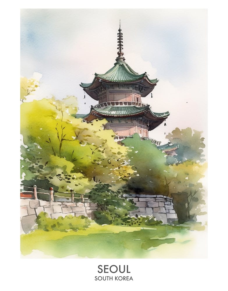Seoul 2 Watercolour Travel Poster