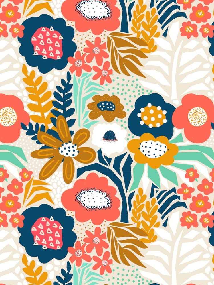 Paper Cut And Doodle Floral Collage Navy Gold Pink Mint