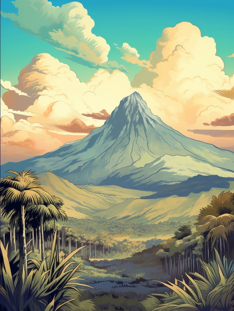 Mount Kinabalu Malaysia Vintage Travel Illustration