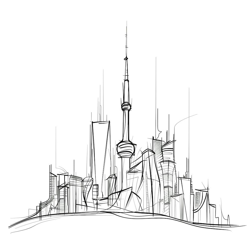 Tokyo Skyline, minimalist, line art, black and white.