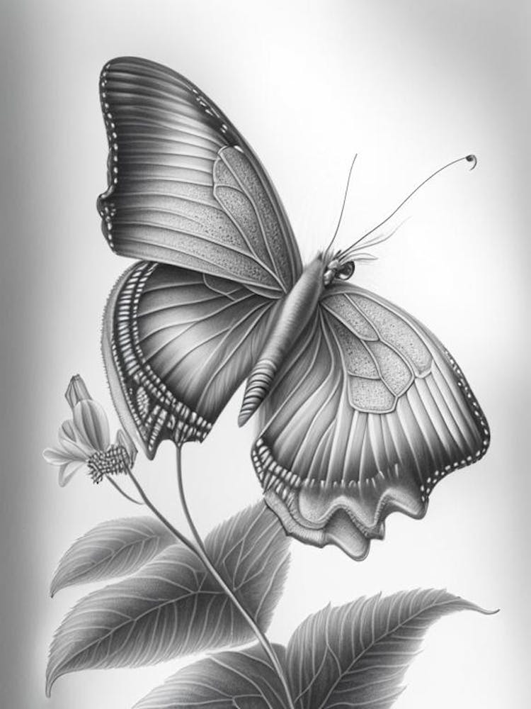Butterfly On Flower Greyscale Sketch 1