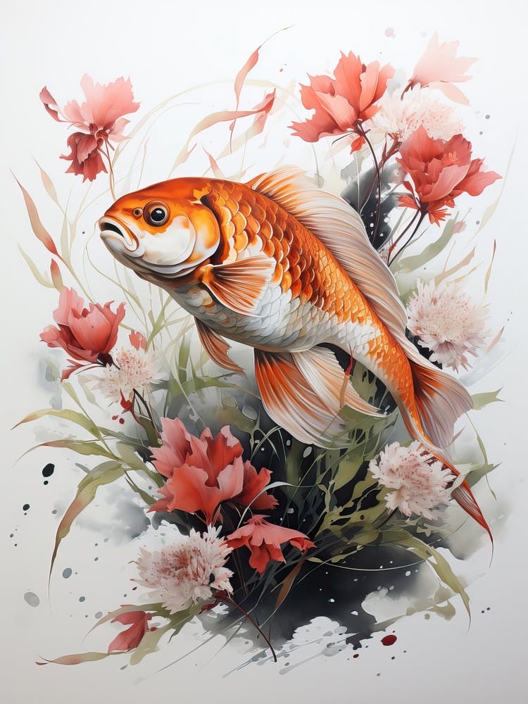 Koi Fish, Japanese Brush Painting, Ukiyo E, Minimal 3