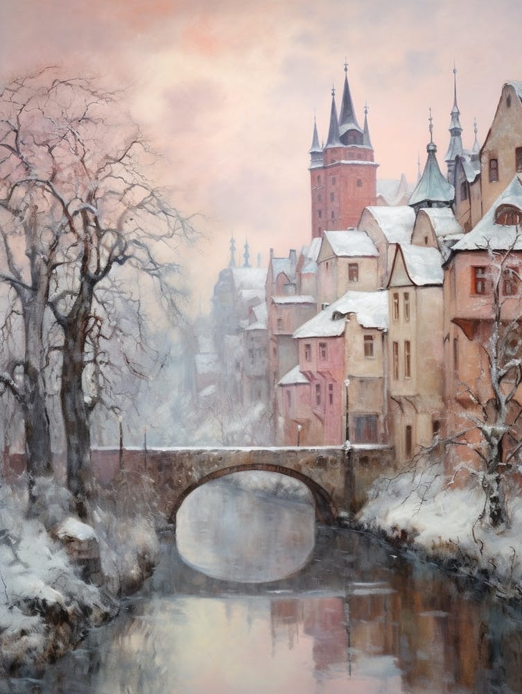 Dreamy Winter Painting Cesky Krumloy Czech Republic 2