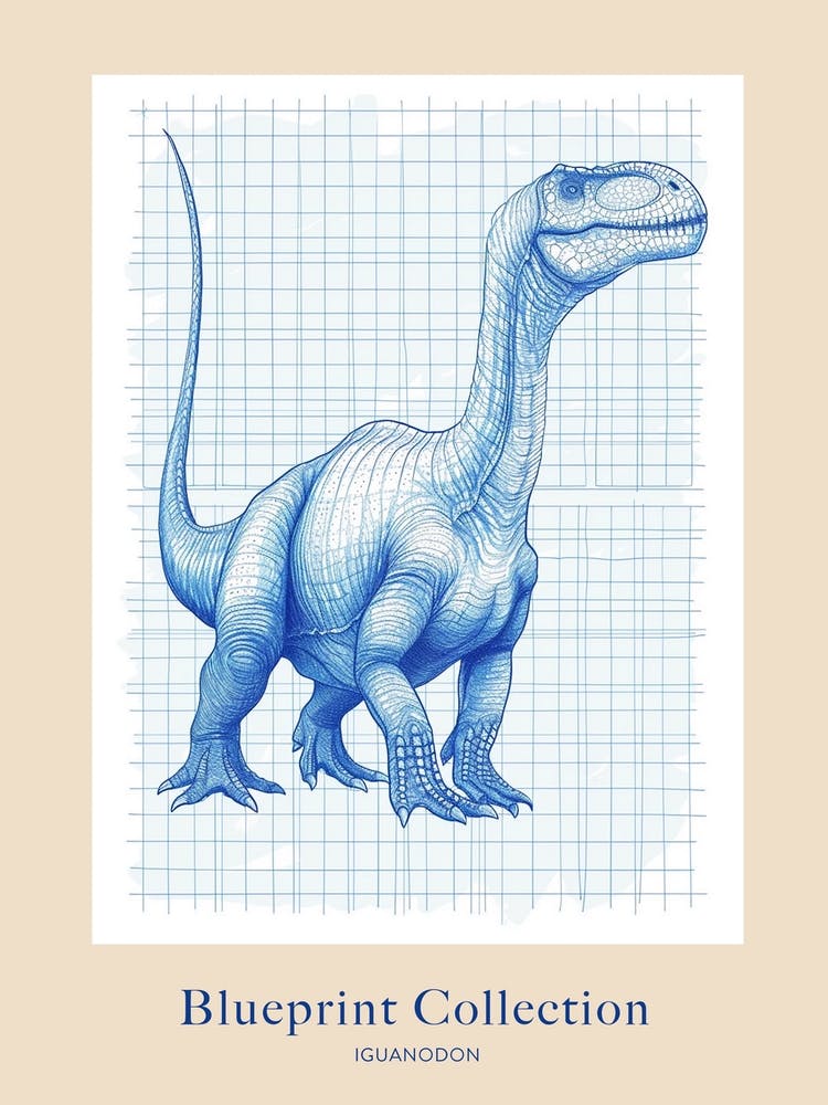 Iguanodon Dinosaur Blue Print Sketch 1 Poster