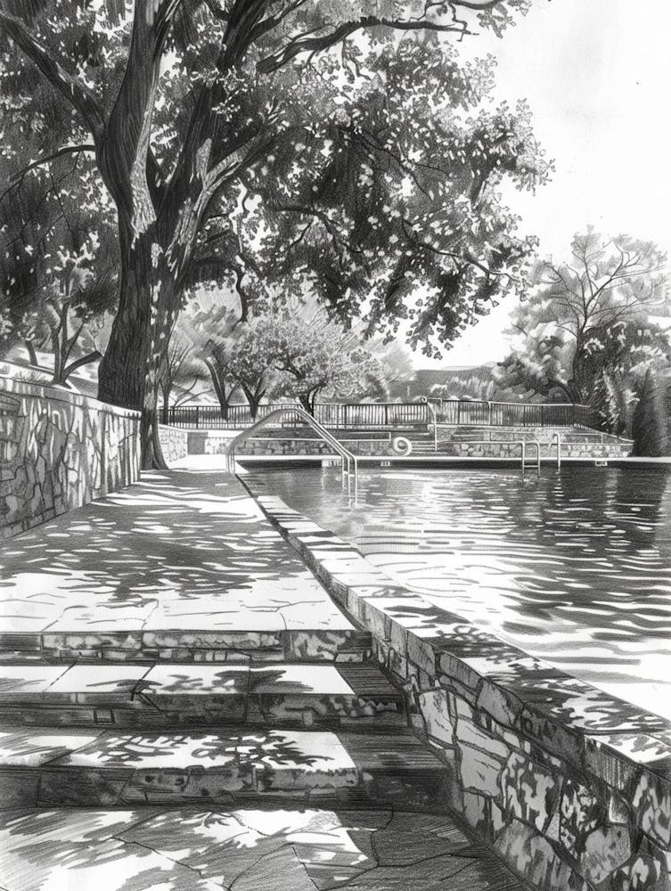 Barton Springs Pool Austin Texas Black And White Drawing 3