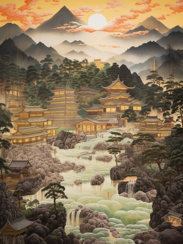 Mountains And Hot Springs Japanese Style Illustration 1