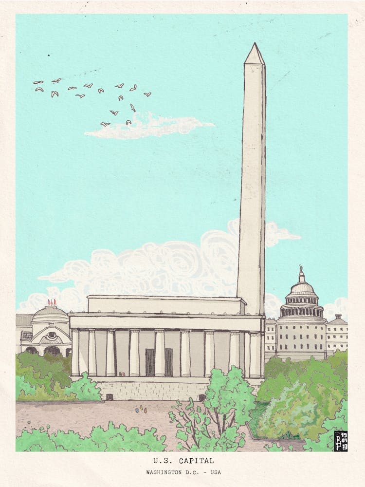 Washington Monument - US Capital Cityscape Illustration - Colorful Washington State Artwork - Fine Art Wall Decor