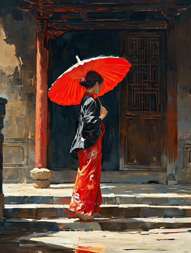 Asian Woman With Red Umbrella