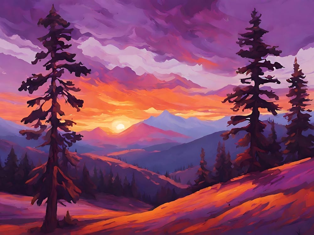 Impressionistic Winding Mountain Range, Sunset, Purple And Orange Hues, Pine Trees In The Foreground, Low Angle Perspective