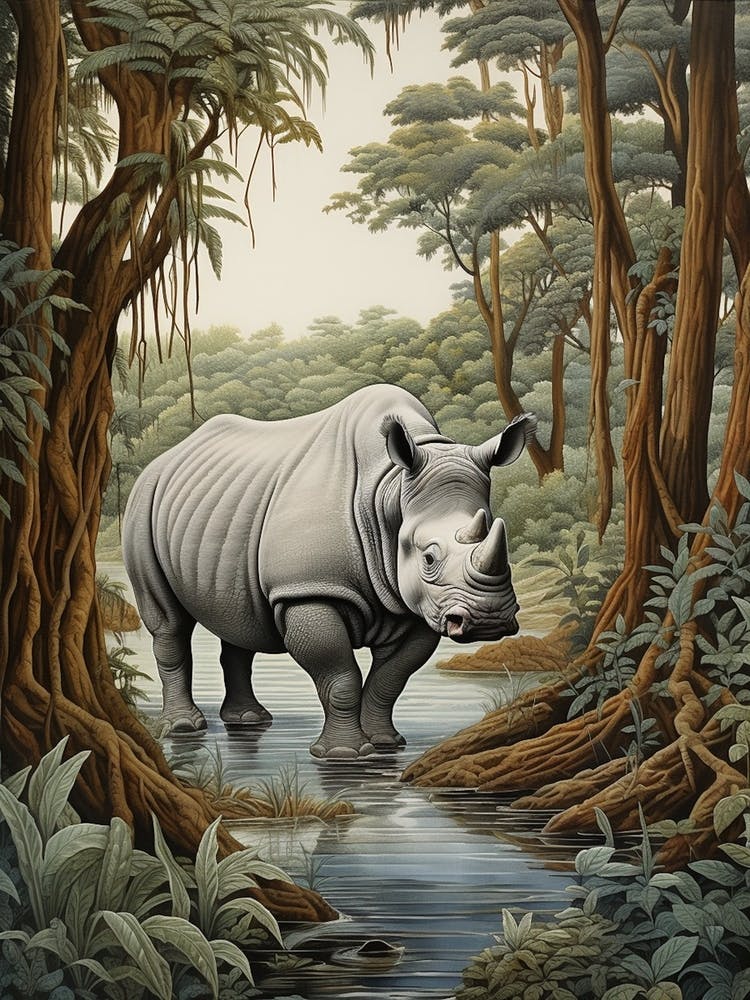 Rhino In The Stream Deep In The Forest Realistic Illustration 2