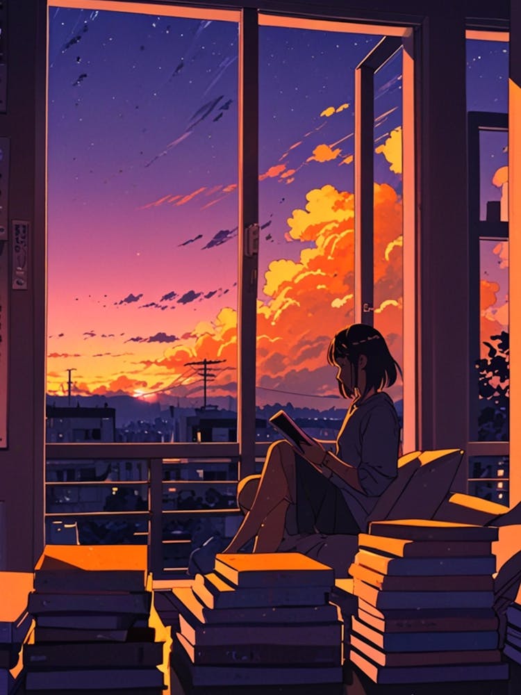Anime Girl Reading Books At Sunset