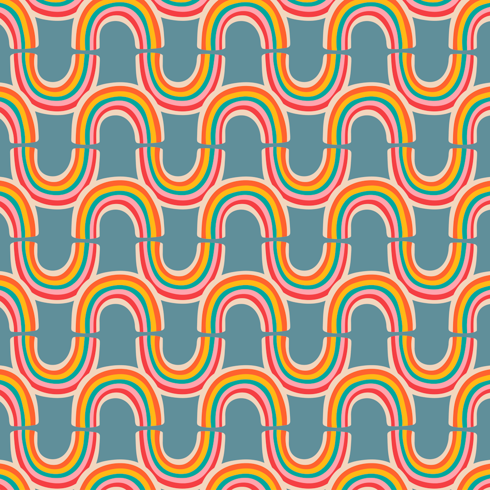 RAINBOW REFLECTION Retro Wavy Abstract Stripe in Vintage Bright Multi-Colours on Dusty Blue