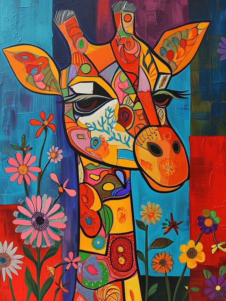 Giraffe With Flowers Painting 2