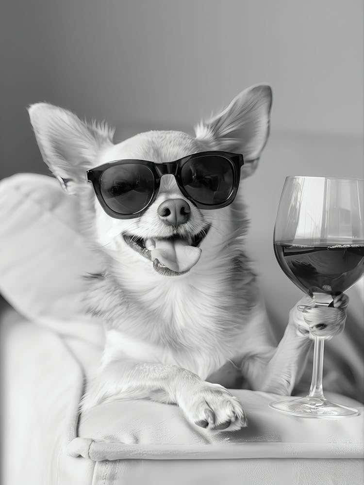 Chihuahua Drinking Wine Wall Art, Black And White Print, Chihuahua Bar Cart Print, Dog Gift, Funny Dog Poster, Bar Decor, Kitchen Decor