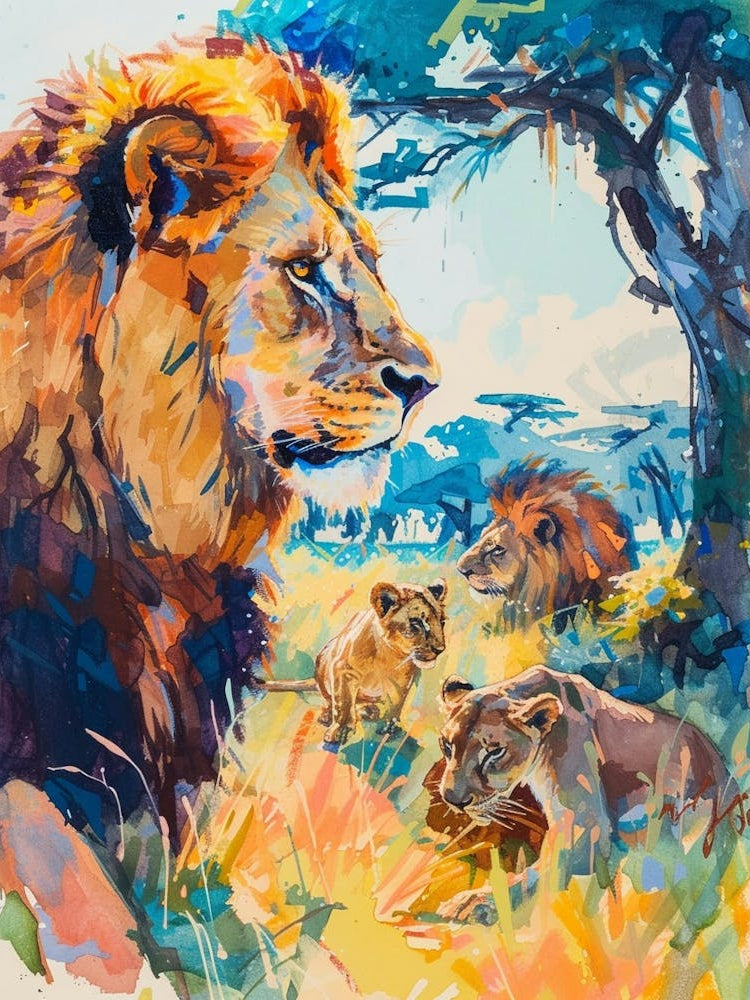 Masai Lion Interaction With Other Wildlife Fauvist Painting 2