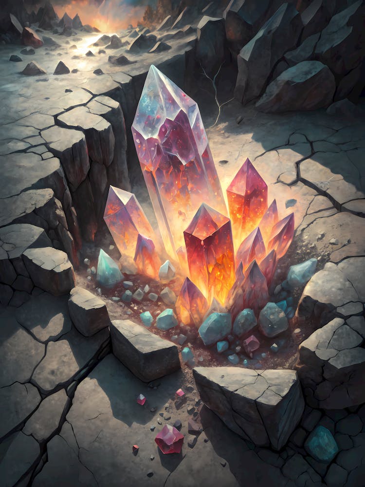 A Cluster of Crystal Geodes Emerging from Cracked Earth Oil Painting Style