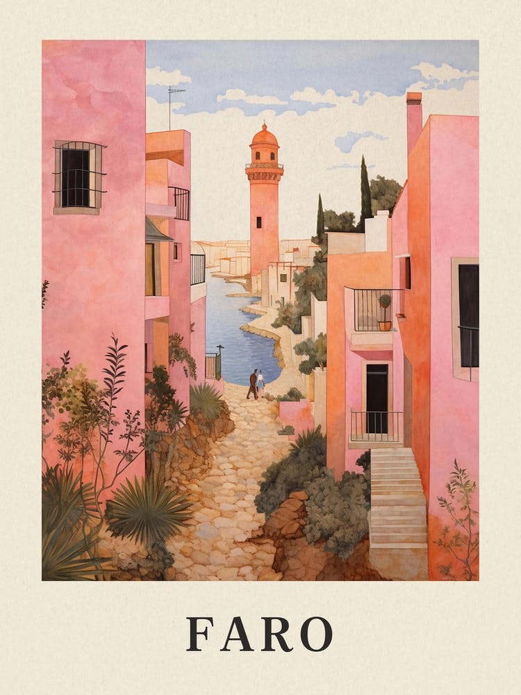 Faro Portugal 8 Vintage Pink Travel Illustration Poster