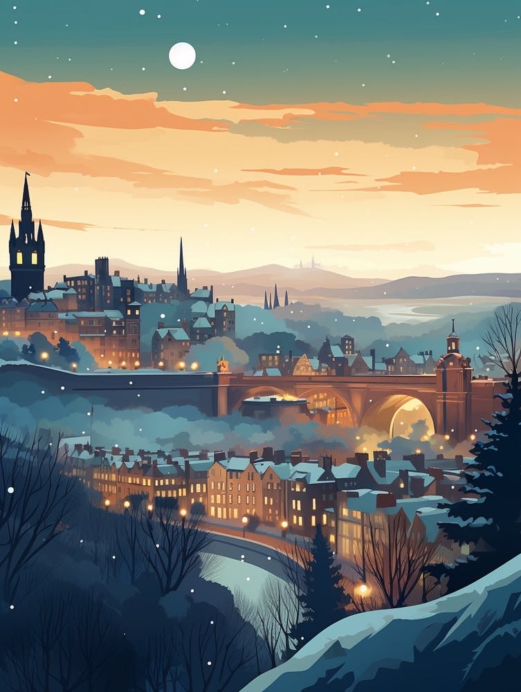 Winter Travel Night Illustration Edinburgh Scotland 3