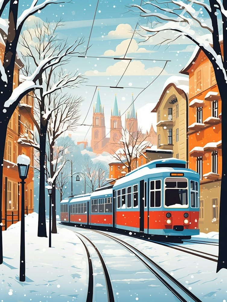 Vintage Winter Travel Illustration Prague Czech Republic 4