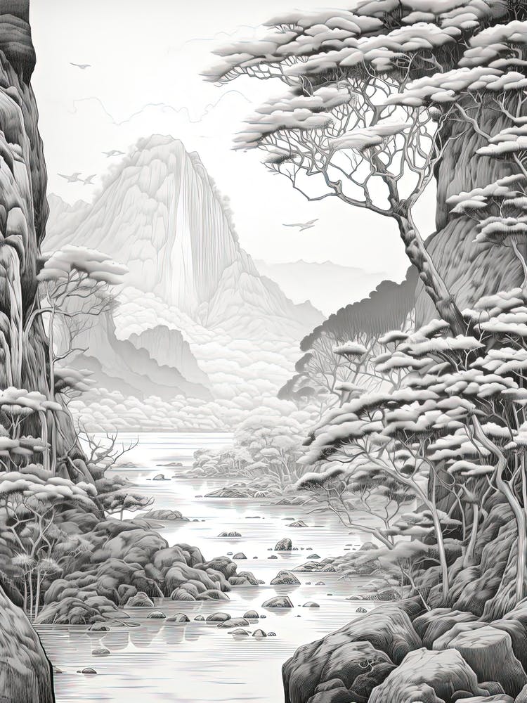 Yakushima Island In Kagoshima, Ukiyo E Black And White Line Art Drawing 4