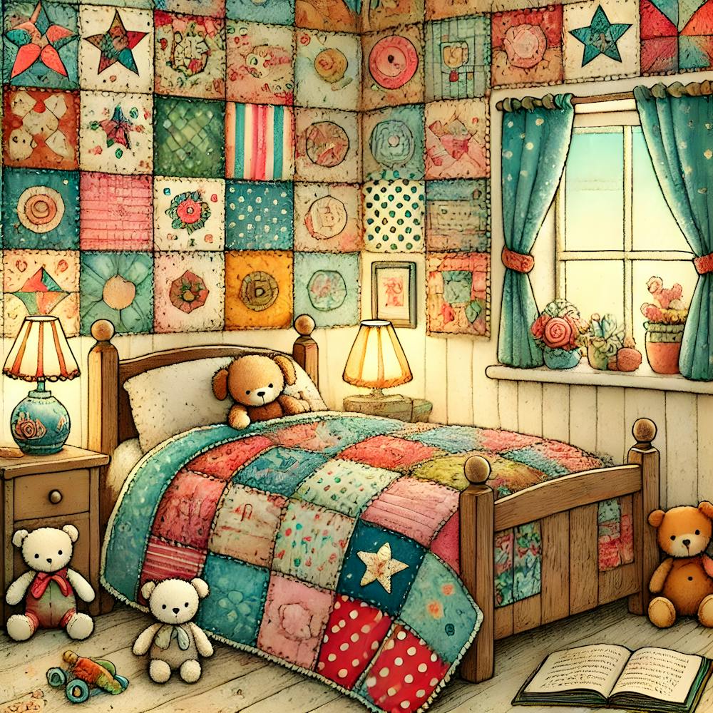 Whimsical Patchwork Storytime Illustration – Cozy Handmade Style Children S Art For Nursery & Playroom Décor