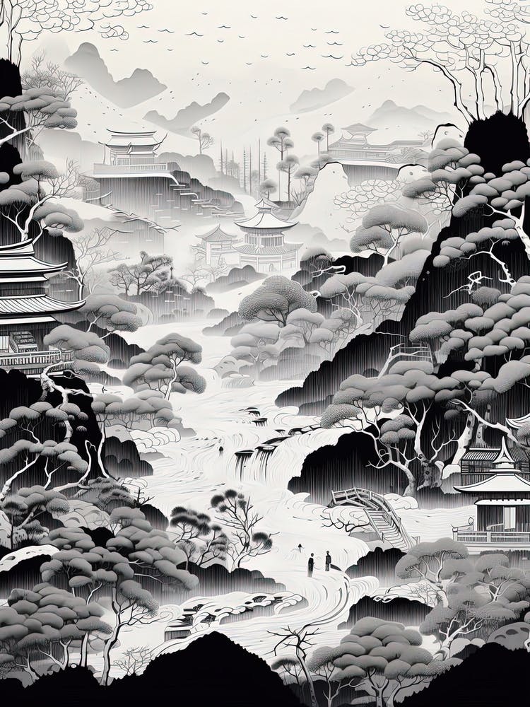 Jigokudani Monkey Park In Nagano, Ukiyo E Black And White Line Art Drawing 3