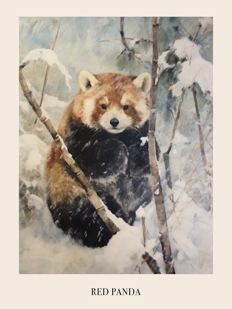 Vintage Winter Animal Painting Poster Red Panda 1