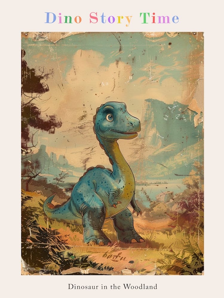 Dinosaur In The Woodland Meadow Storybook Style Painting 2 Poster