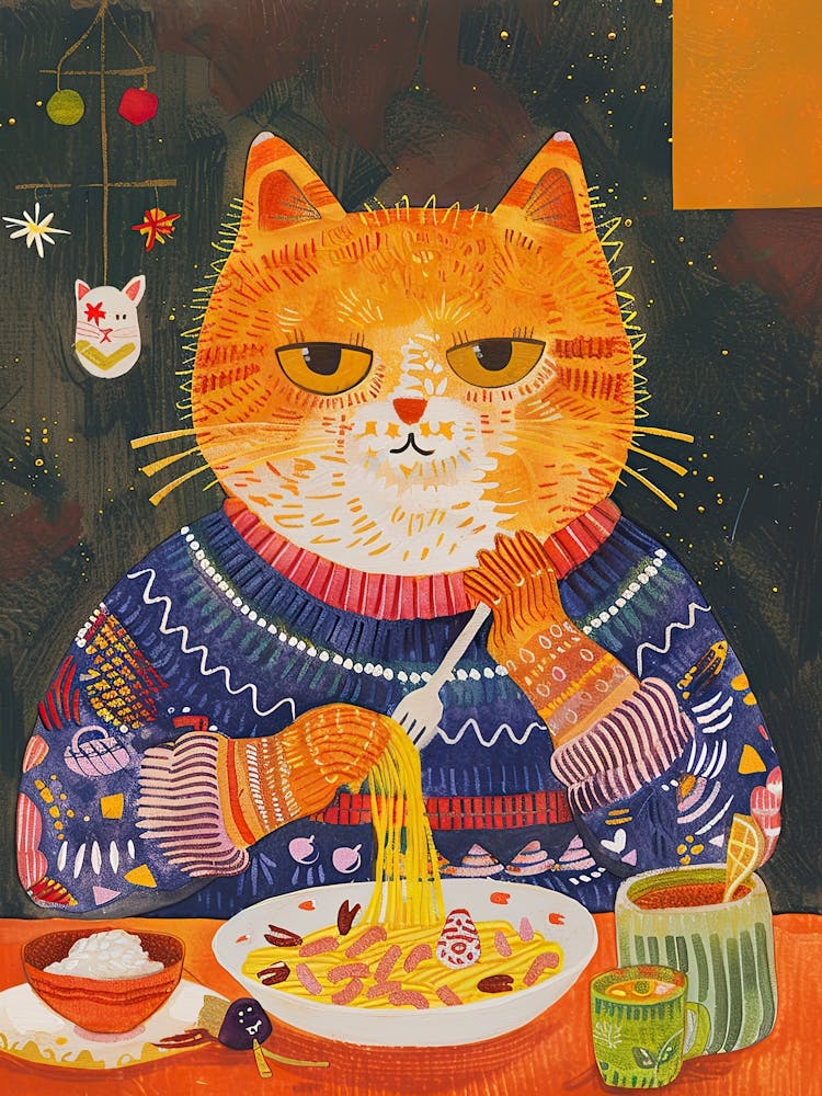 Cute Orange Cat Pasta Lover Folk Illustration 1