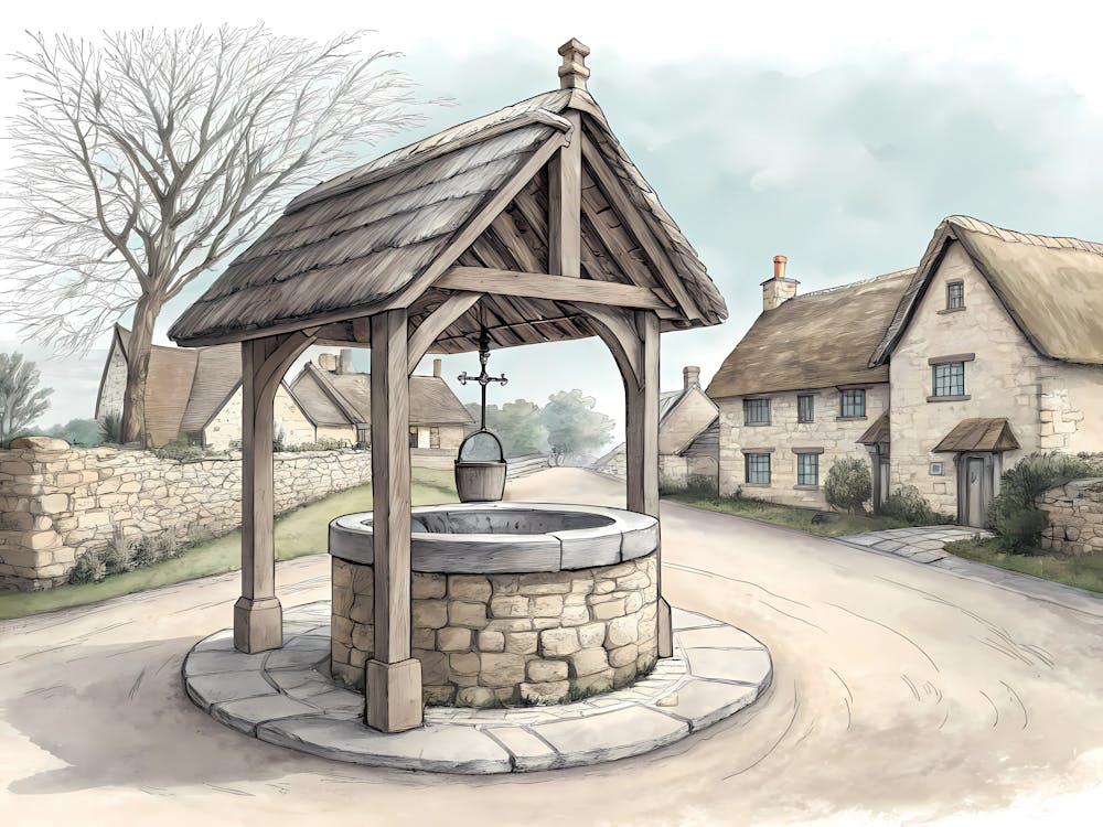 Minimalist Ink Sketch Of Historic Village Well