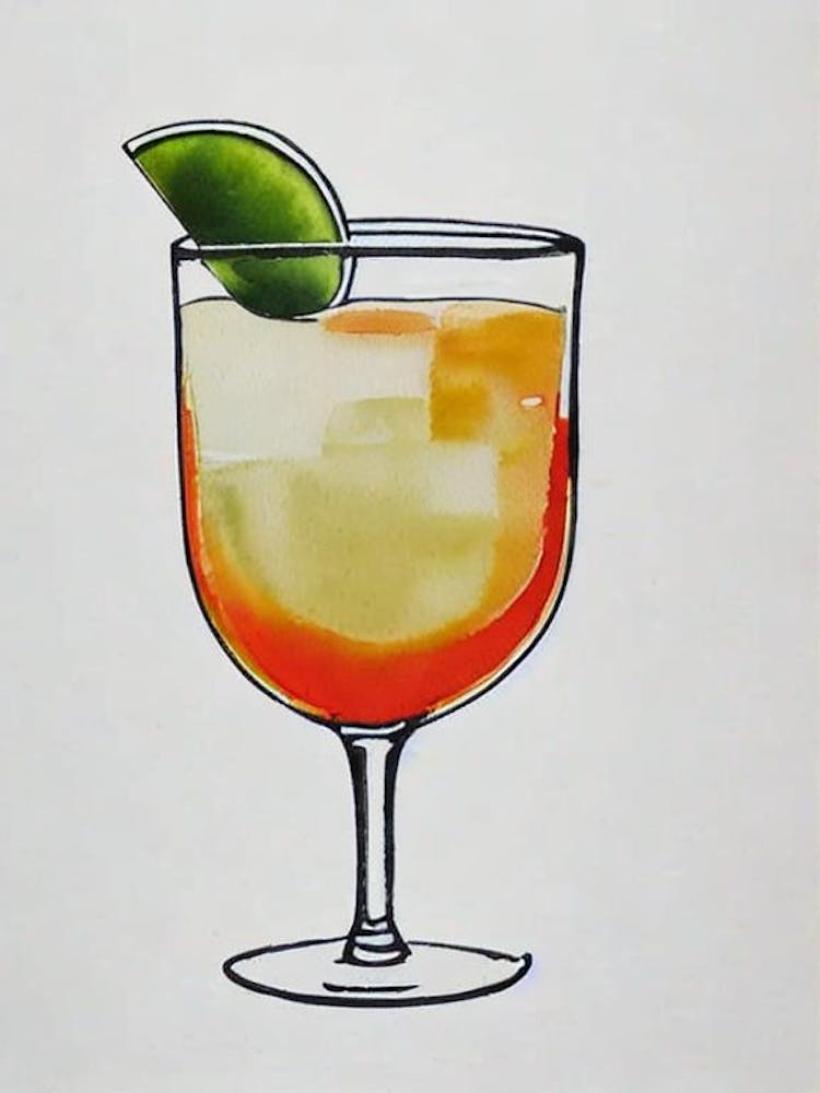 Italian Margarita Minimal Line Drawing With Watercolour Cocktail Poster