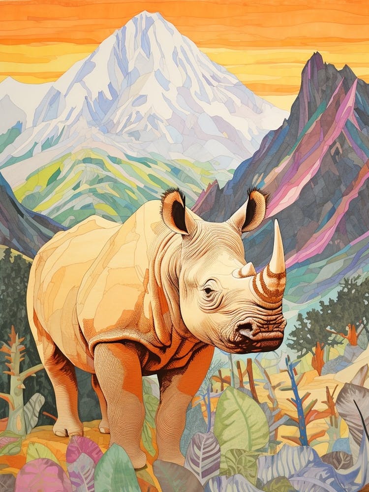 Colourful Patchwork Rhino With Mountain In The Background 3