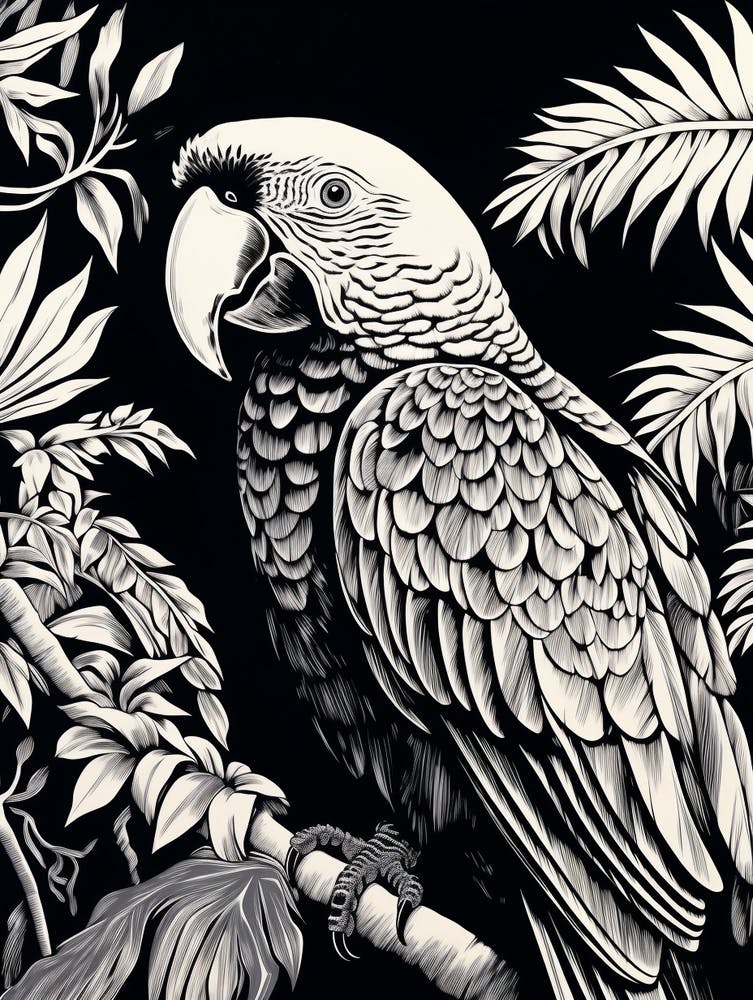 B&W Bird Linocut Macaw 3