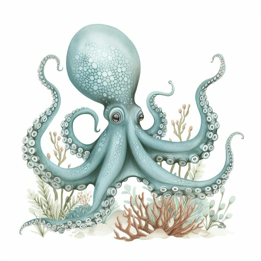 Storybook Style Octopus With Fish & Aqua Marine Plants 3