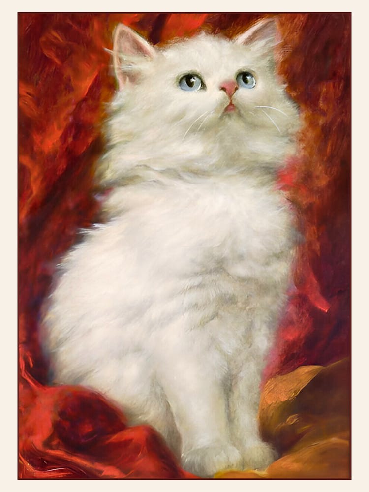 Carl Kahler (Austrian/American, b. 1855) White Long Haired Cat with Blue Eyes on Red Drape Oil Painting - HD Remastered