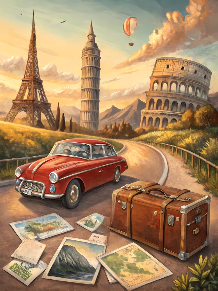 Oil Painting Style Vintage European Road Trip Iconic Landmarks & Classic Car