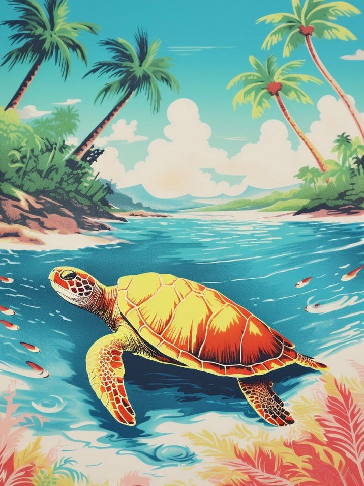 Sea Turtle On The Beach Risograph Style 1