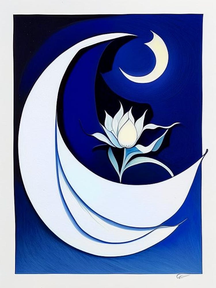 Crescent Moon And 1, Lotus Symbol Blue And White Line Drawing