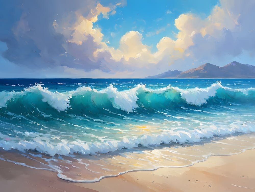 Ocean Waves Crashing On The Beach With A Cloudy Sky Above