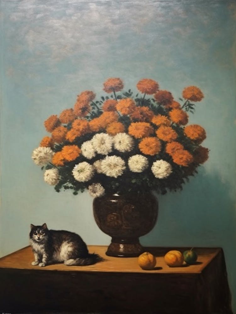Painting Of A Still Life Of A Chrysanthemums With A Cat, Realism 2