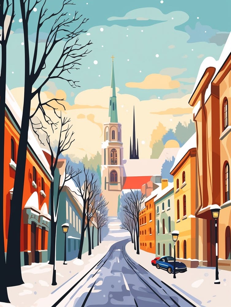 Vintage Winter Travel Illustration Vilnius Lithuania 2