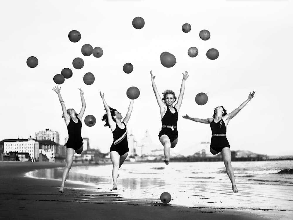 Dancers At The Beach, Black and White, Vintage Old Photo